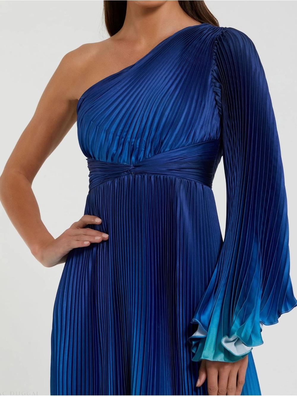 Mac Duggal 49903 Blue Pleated Charmeuse One Shoulder Ombre Gown Size 10 NWOT - Picture 3 of 13